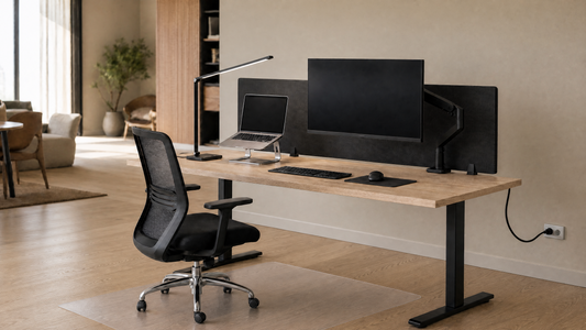 Ergonomische thuiswerkplek met akoestisch opzetscherm, monitorarm, laptopstatief, bureaulamp, toetsenbord en muis