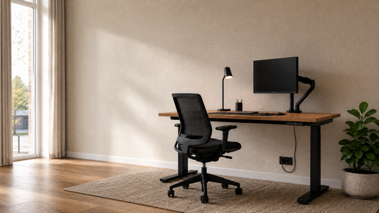 Rustige thuiswerkplek met houten vloer, vloerkleed, verstelbaar bureau, bureaustoel en monitorarm