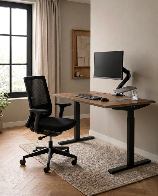 YOOS! Basic Workspace met handmatig verstelbaar bureau in midden eiken en zwarte bureaustoel in een rustige thuiswerkplek.