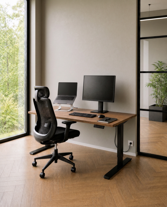 YOOS! Flow Workspace met elektrisch zit sta bureau in bruin eiken, bureaustoel comfort plus 