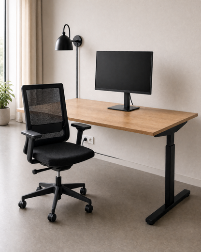 YOOS! Basic Workspace met handmatig verstelbaar bureau in midden eiken en zwarte bureaustoel in een rustige thuiswerkplek.