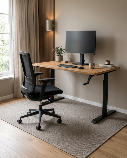 YOOS! Essential Workspace met slingerbureau in licht eiken en zwarte mesh bureaustoel in een warme werkruimte.